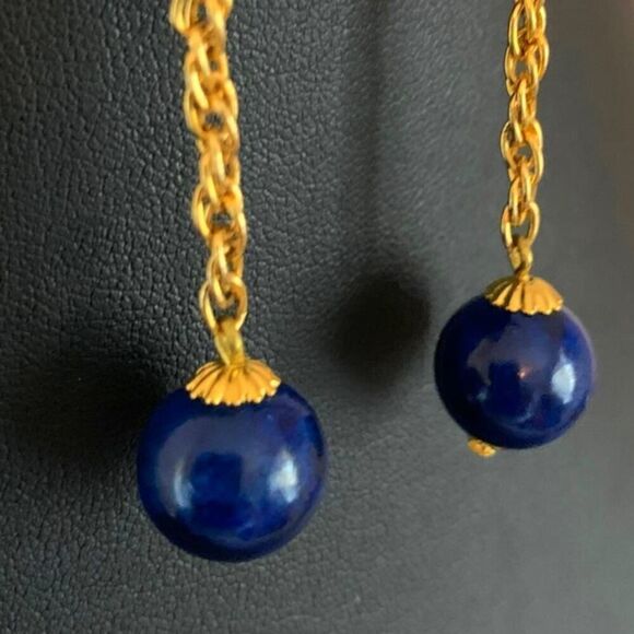 P Royal Blue Drop earrings, in Gold plate, Vintage, Marked - Picture 3 of 4